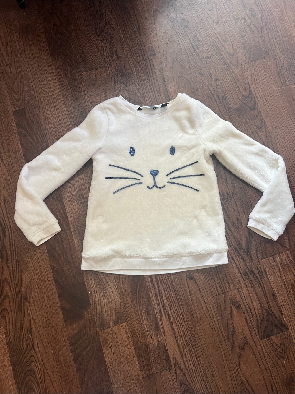 Lands' End White Plush Sequined Cat Face Pullover